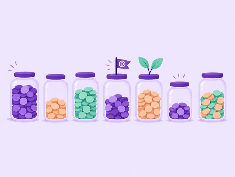 Seven jars of coins, one for each money bucket