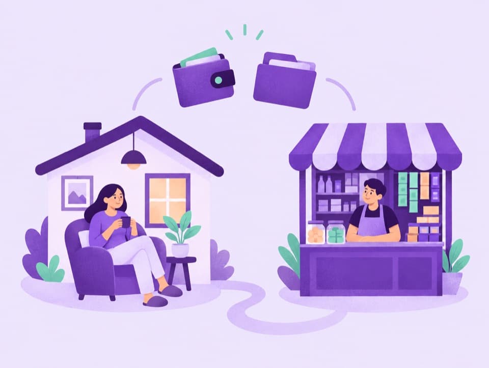 A person at home and a small shop owner, joined by one path