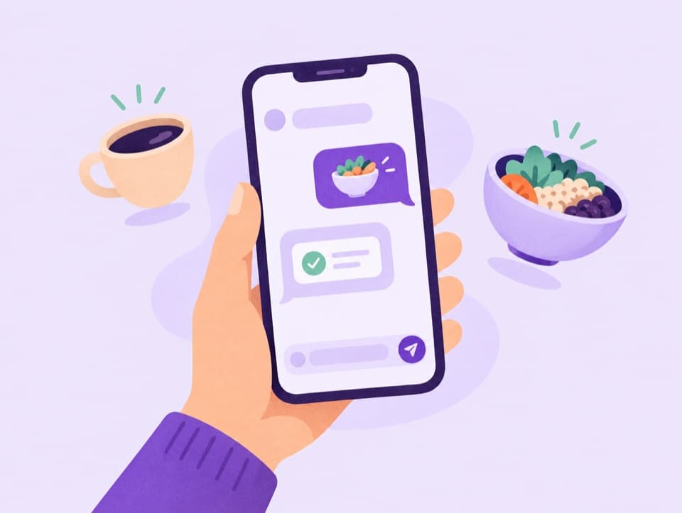 A hand holding a phone with a chat about a meal